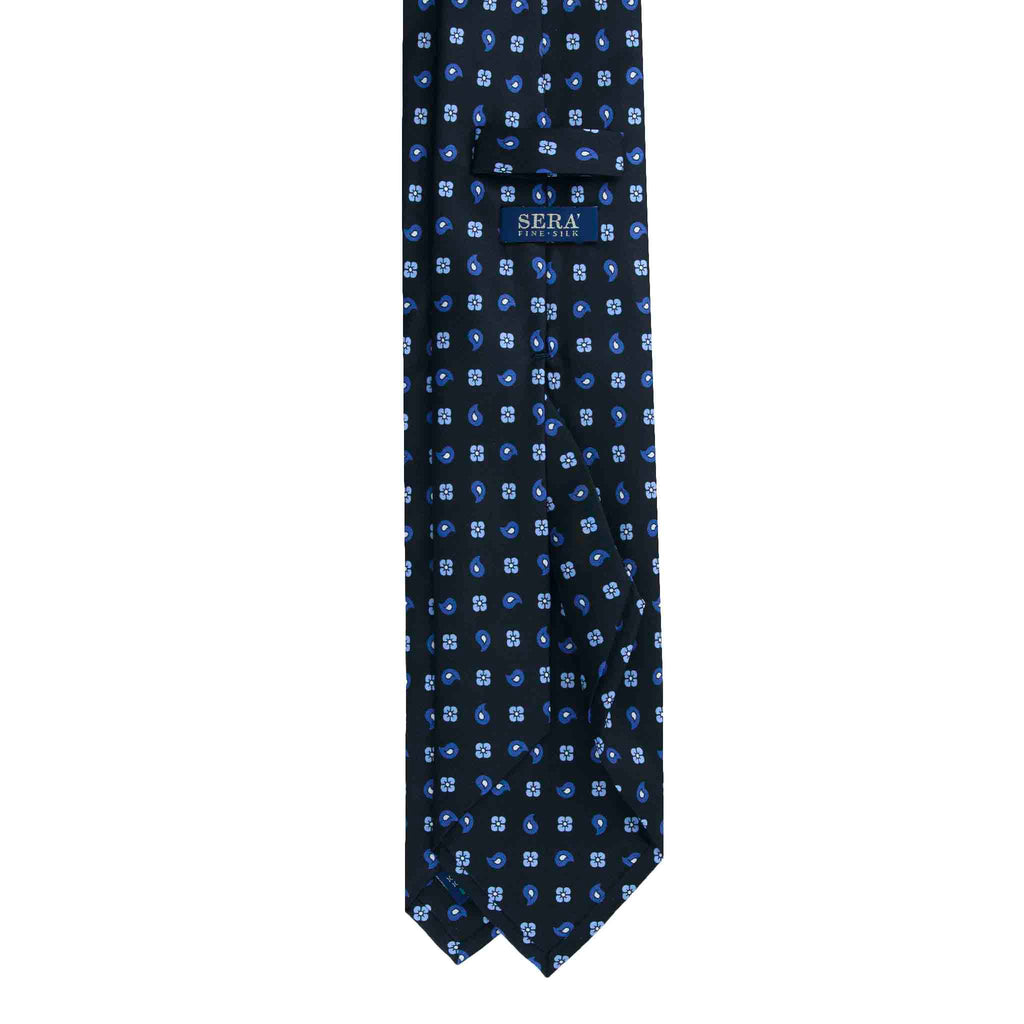 Black Silk Tie with Blue Paisley and Floral Pattern Serà Fine Silk