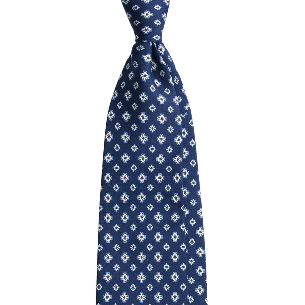Blue Silk Tie with Light Blue and White Geometric Pattern Serà Fine Silk