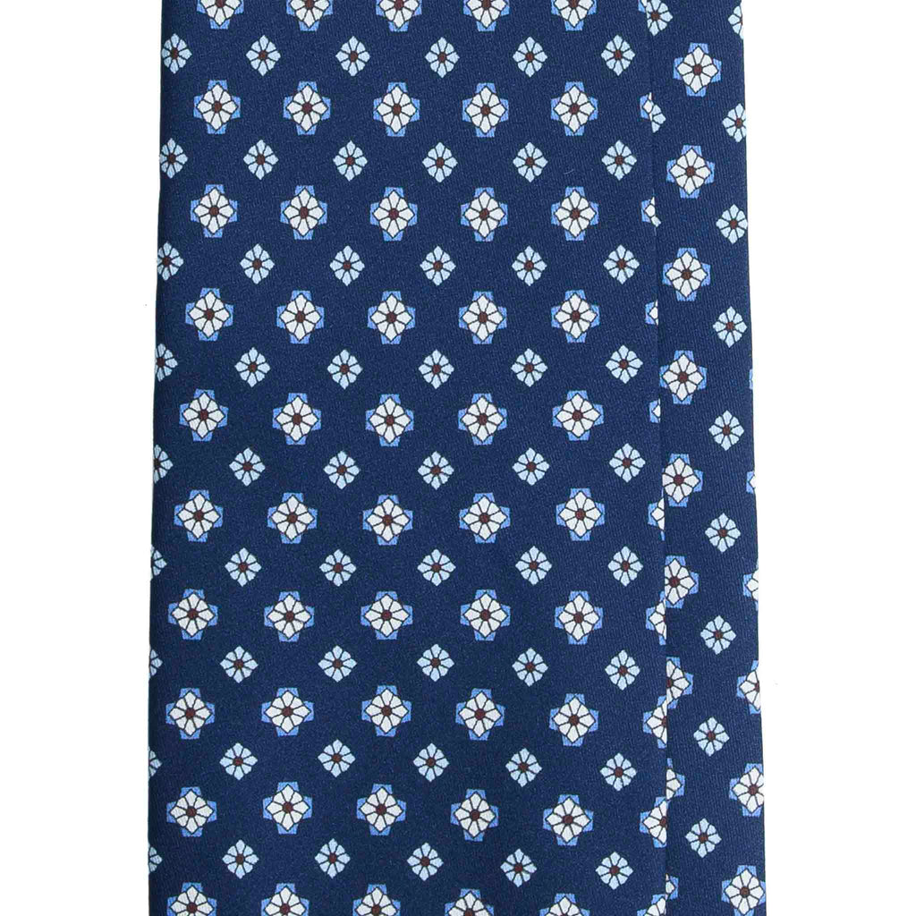 Blue Silk Tie with Light Blue and White Geometric Pattern Serà Fine Silk