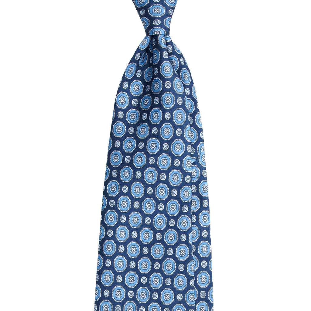 Blue Silk Tie with Light Blue Geometric Medallions Serà Fine Silk