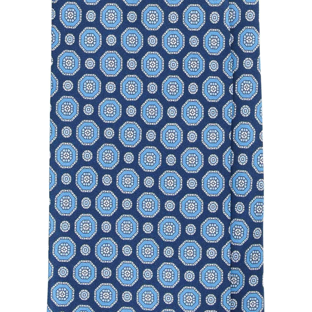 Blue Silk Tie with Light Blue Geometric Medallions Serà Fine Silk