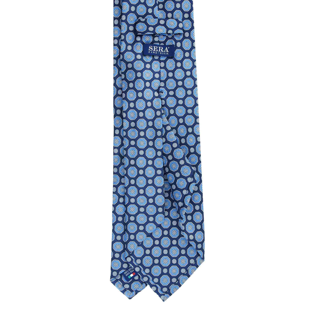 Blue Silk Tie with Light Blue Geometric Medallions Serà Fine Silk
