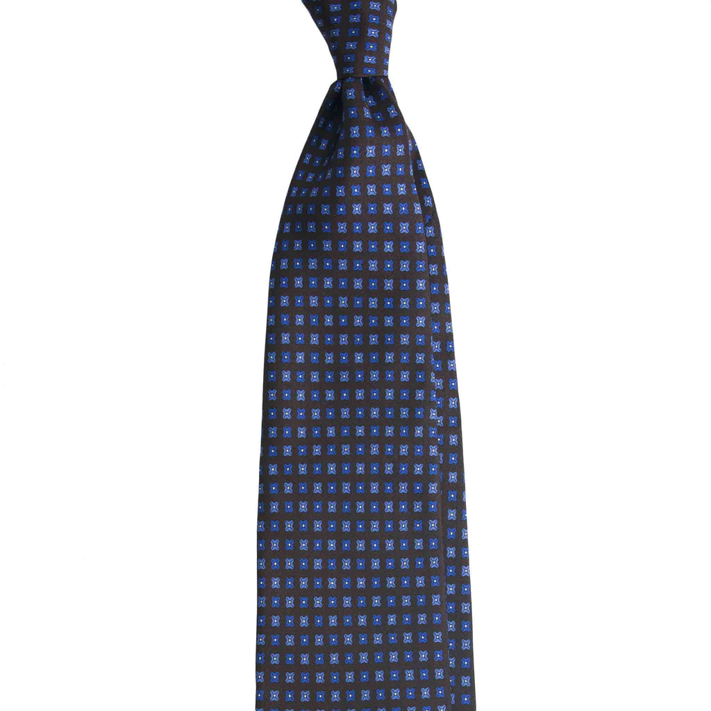 Dark Brown Silk Tie with Blue Square Dots Pattern Serà Fine Silk