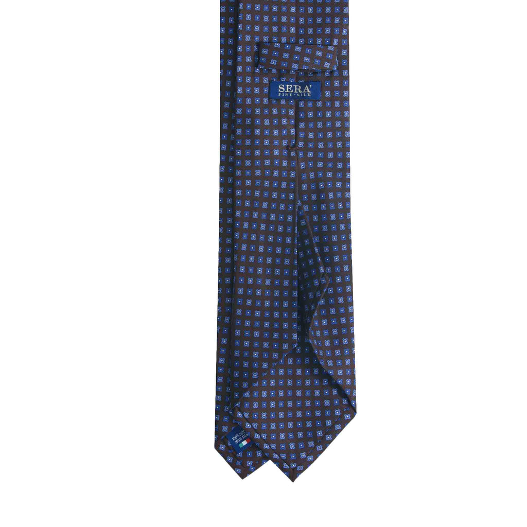 Dark Brown Silk Tie with Blue Square Dots Pattern Serà Fine Silk