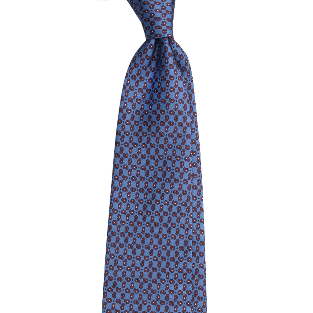 Dust Blue Silk Tie with Small Burgundy Paisley Serà Fine Silk