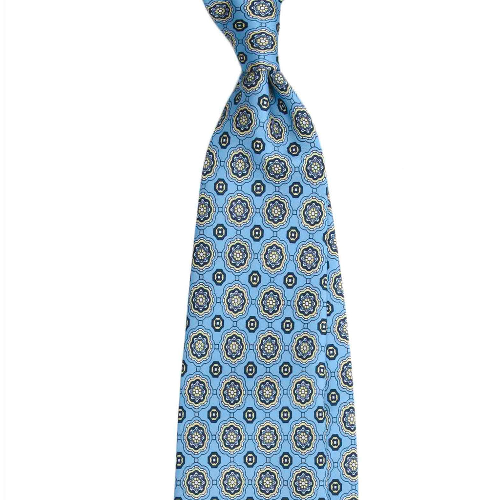 Light Blue Silk Tie with Geometric Medallion Pattern | Serà Fine Silk