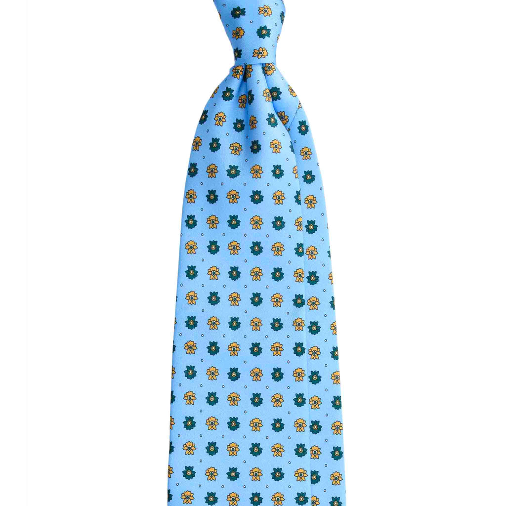 Light Blue Silk Tie with Green and Yellow Flowers Serà Fine Silk