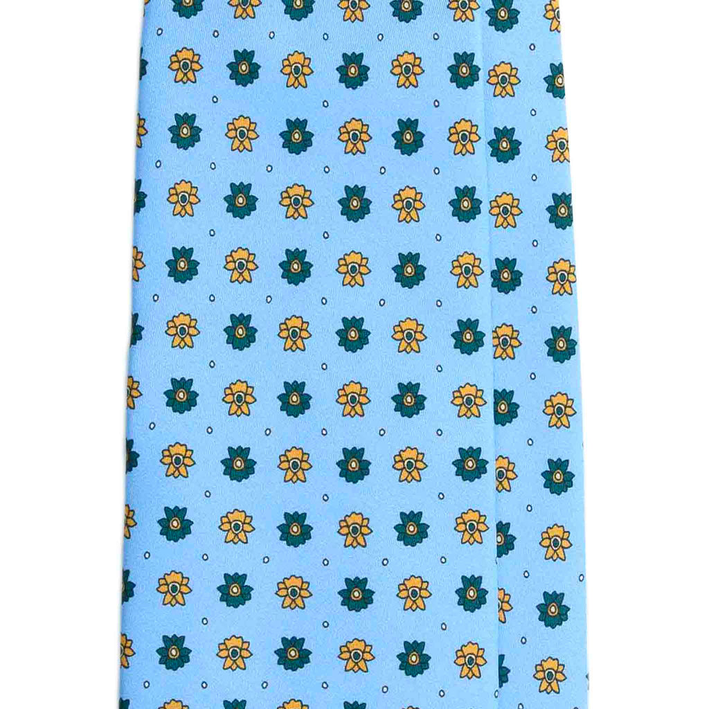Light Blue Silk Tie with Green and Yellow Flowers Serà Fine Silk