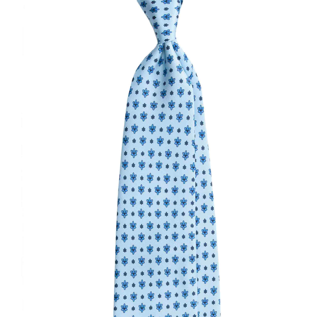 Light Blue Silk Tie with Navy and Blue Flower Pattern Serà Fine Silk