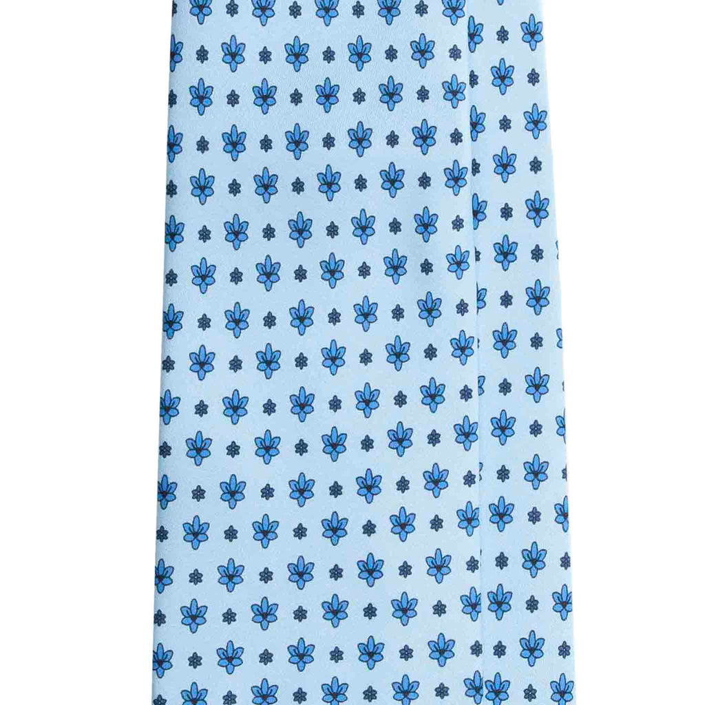 Light Blue Silk Tie with Navy and Blue Flower Pattern Serà Fine Silk