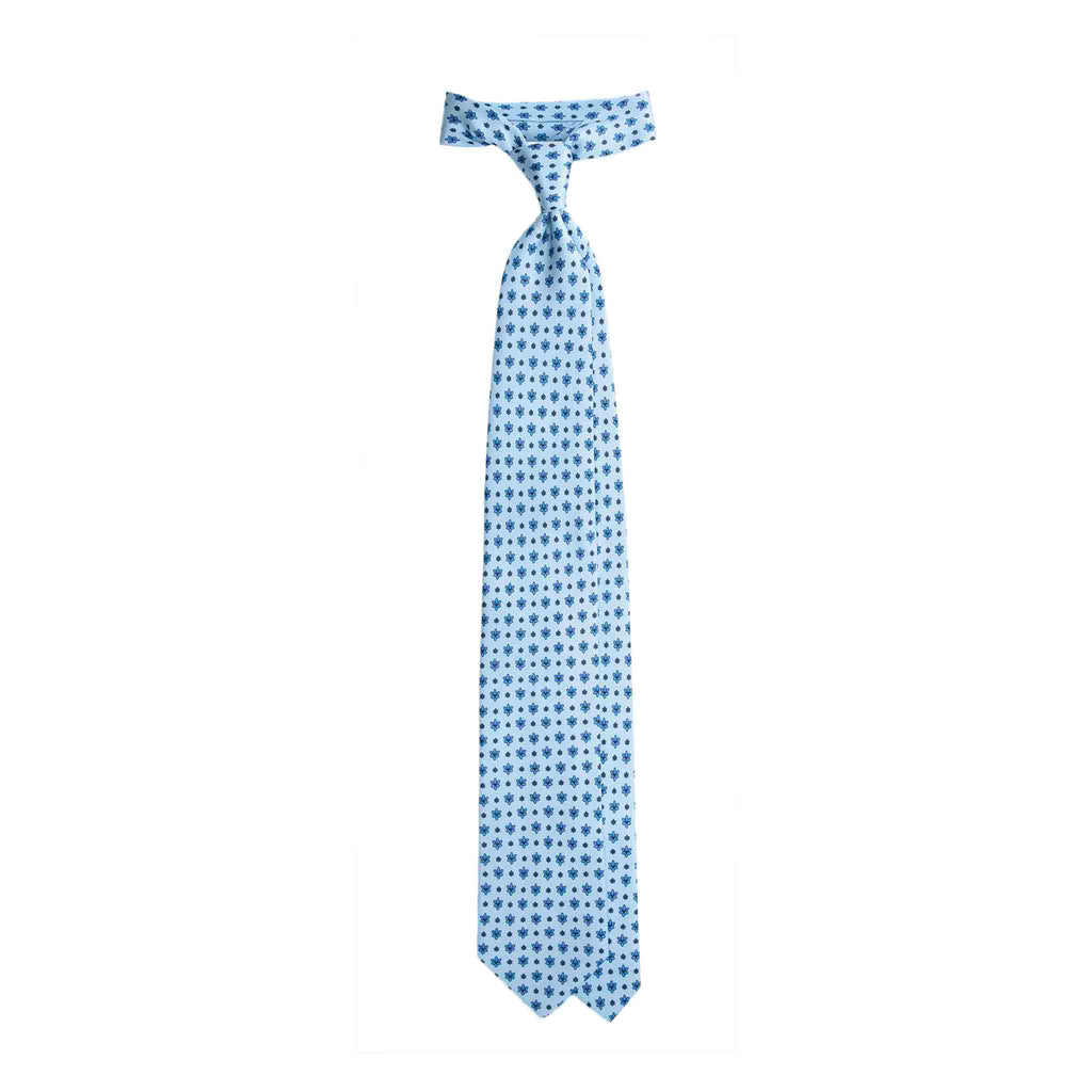 Light Blue Silk Tie with Navy and Blue Flower Pattern Serà Fine Silk