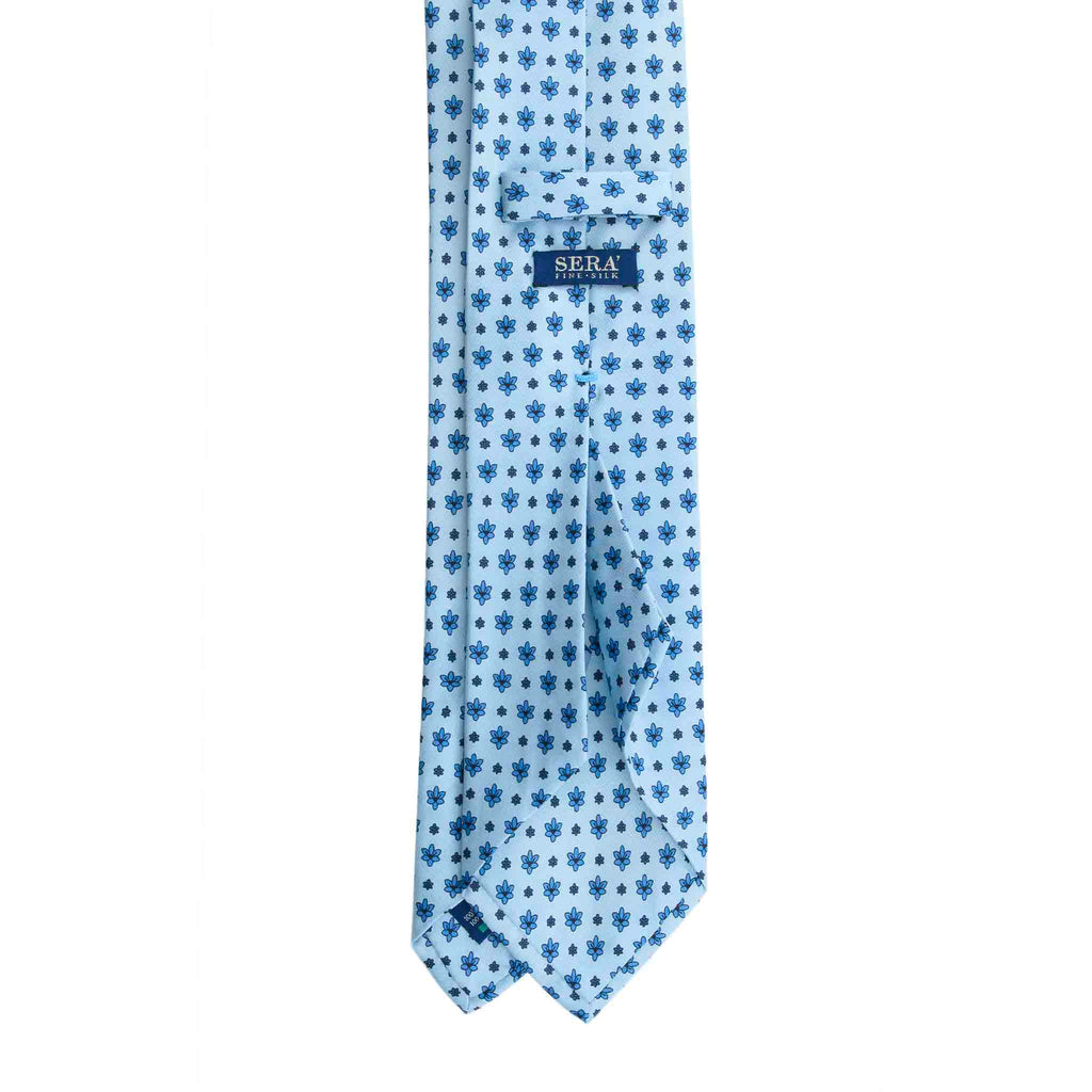 Light Blue Silk Tie with Navy and Blue Flower Pattern Serà Fine Silk