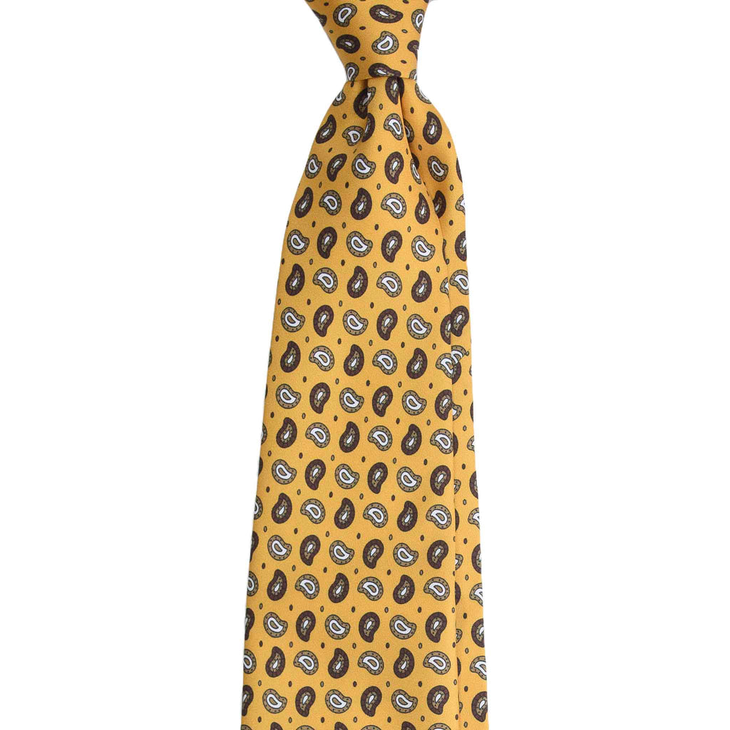 Mustard Yellow Silk Tie with Brown Paisley Pattern Serà Fine Silk