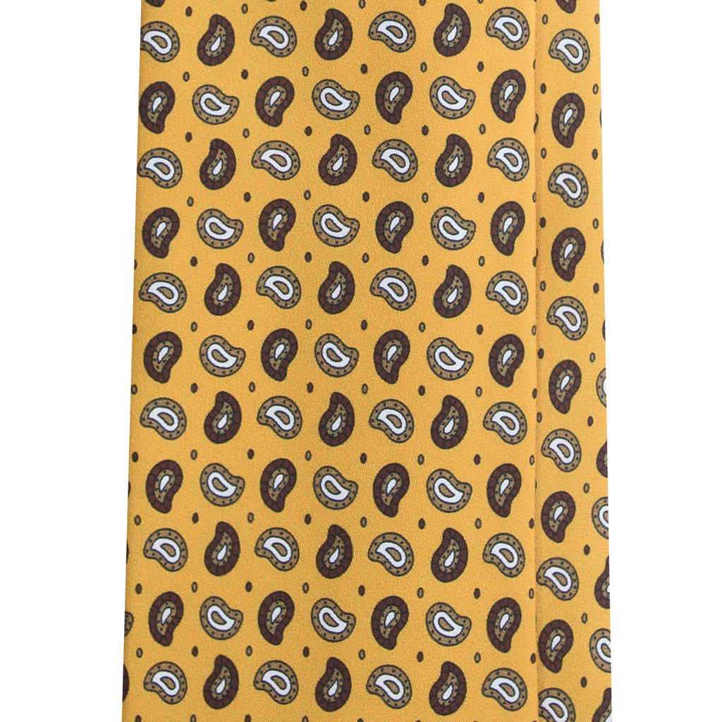 Mustard Yellow Silk Tie with Brown Paisley Pattern Serà Fine Silk