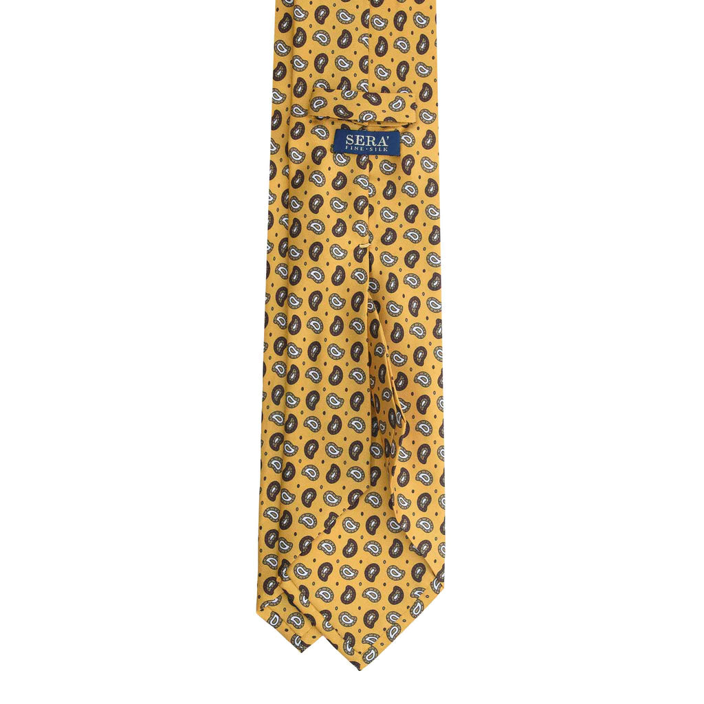 Mustard Yellow Silk Tie with Brown Paisley Pattern Serà Fine Silk