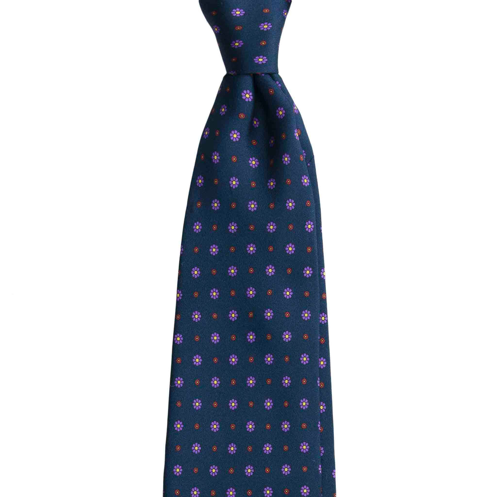 Navy Blue Silk Tie with Purple Flower Pattern Serà Fine Silk