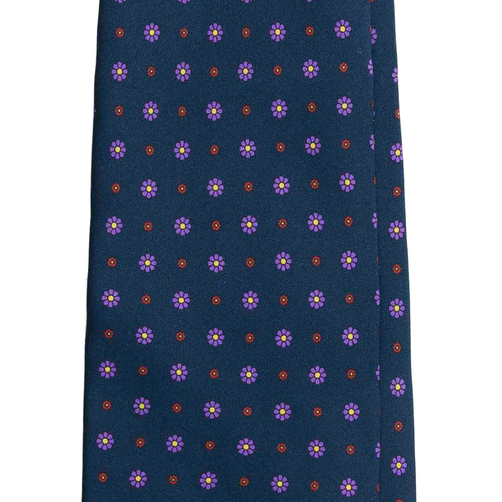 Navy Blue Silk Tie with Purple Flower Pattern Serà Fine Silk