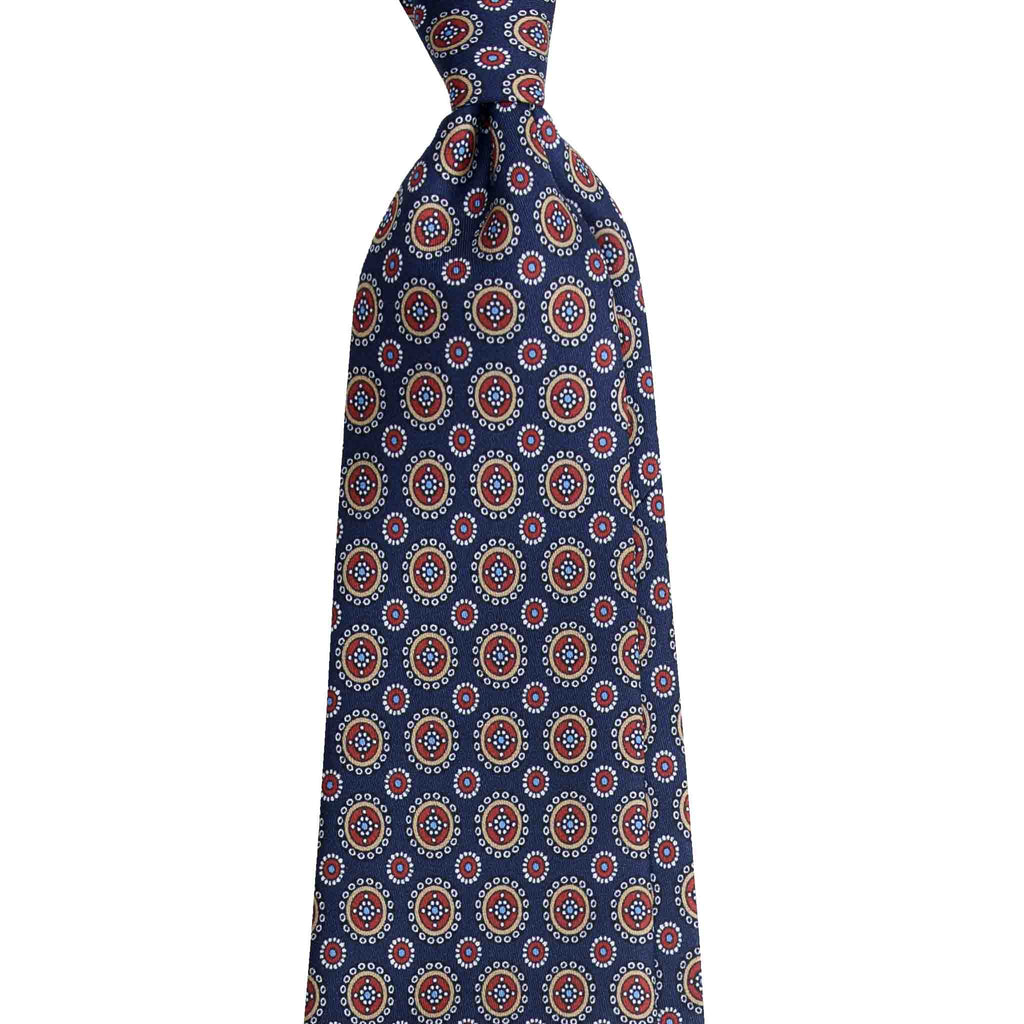 Navy Blue Silk Tie with Red Round Pattern Serà Fine Silk