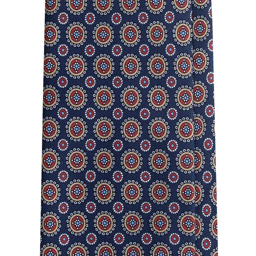 Navy Blue Silk Tie with Red Round Pattern Serà Fine Silk