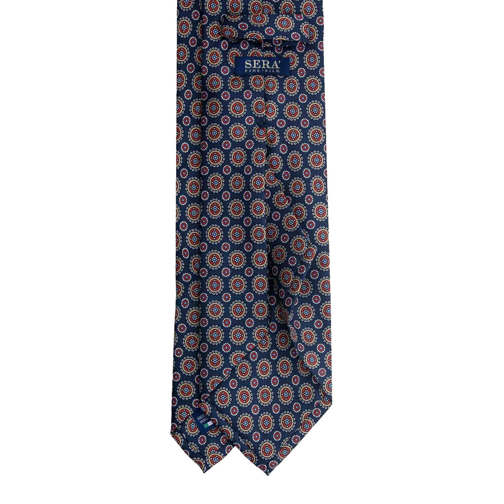 Navy Blue Silk Tie with Red Round Pattern Serà Fine Silk