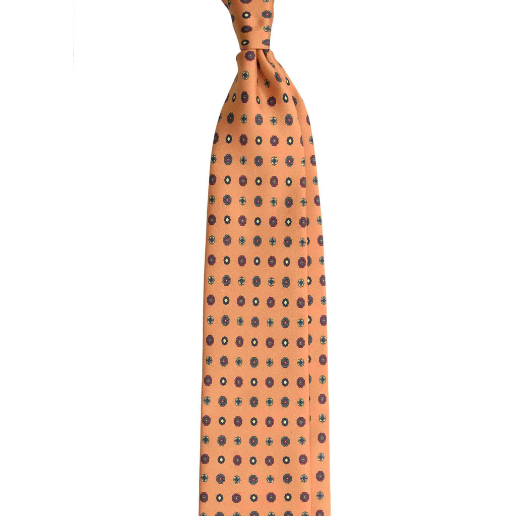 Orange Unlined Silk Tie with Floral Pattern Serà Fine Silk