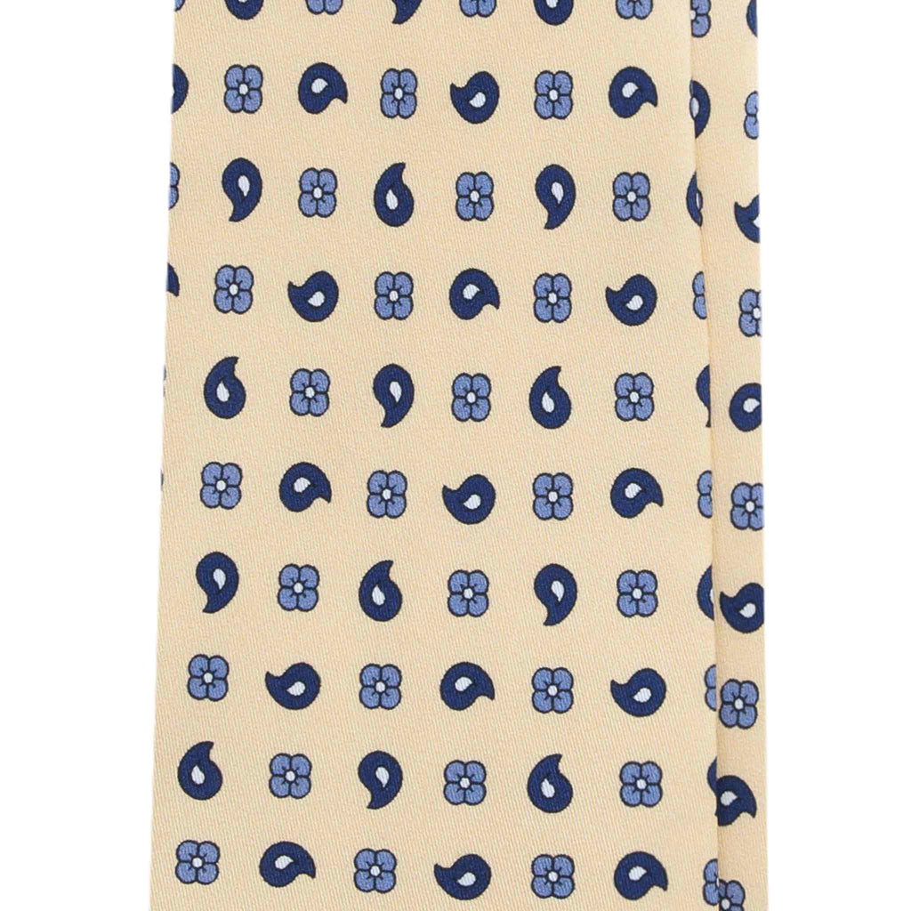 Pale Yellow Silk Tie with Blue Paisley and Floral Pattern Serà Fine Silk