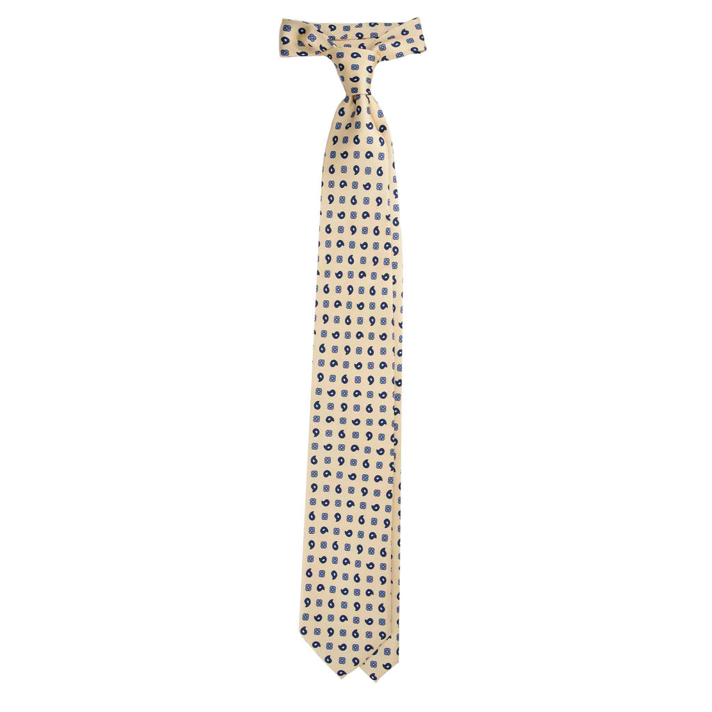 Pale Yellow Silk Tie with Blue Paisley and Floral Pattern Serà Fine Silk