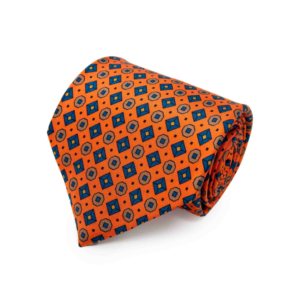 Orange with Blue Geometric Pattern Silk Tie Serà Fine Silk