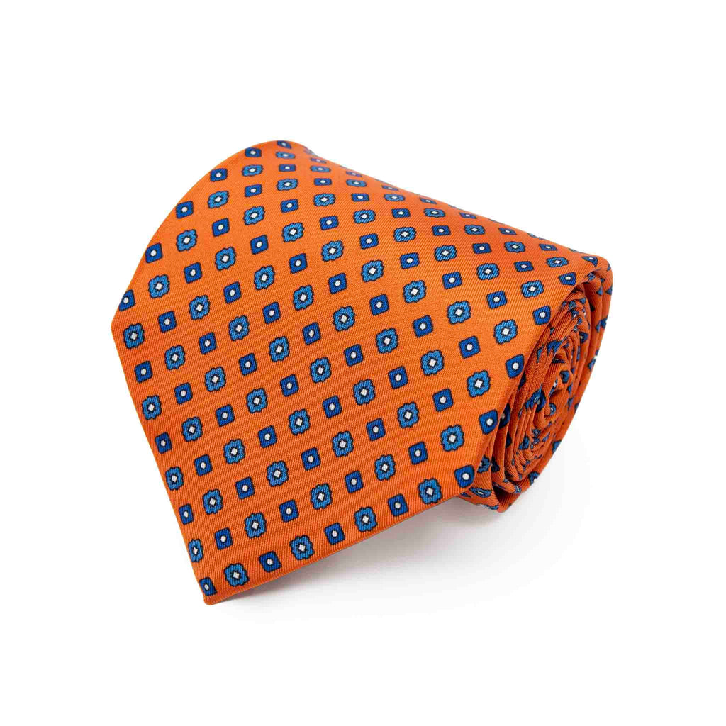 Orange and Blue Geometric Small Flowers Pattern Silk Tie Serà Fine Silk