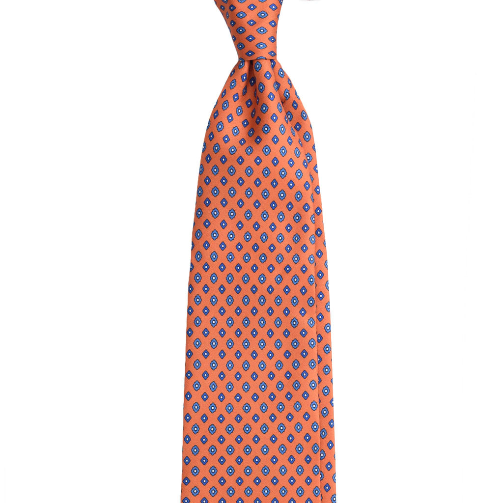Orange Silk Tie with Blue Geometric Small Pattern | Serà Fine Silk