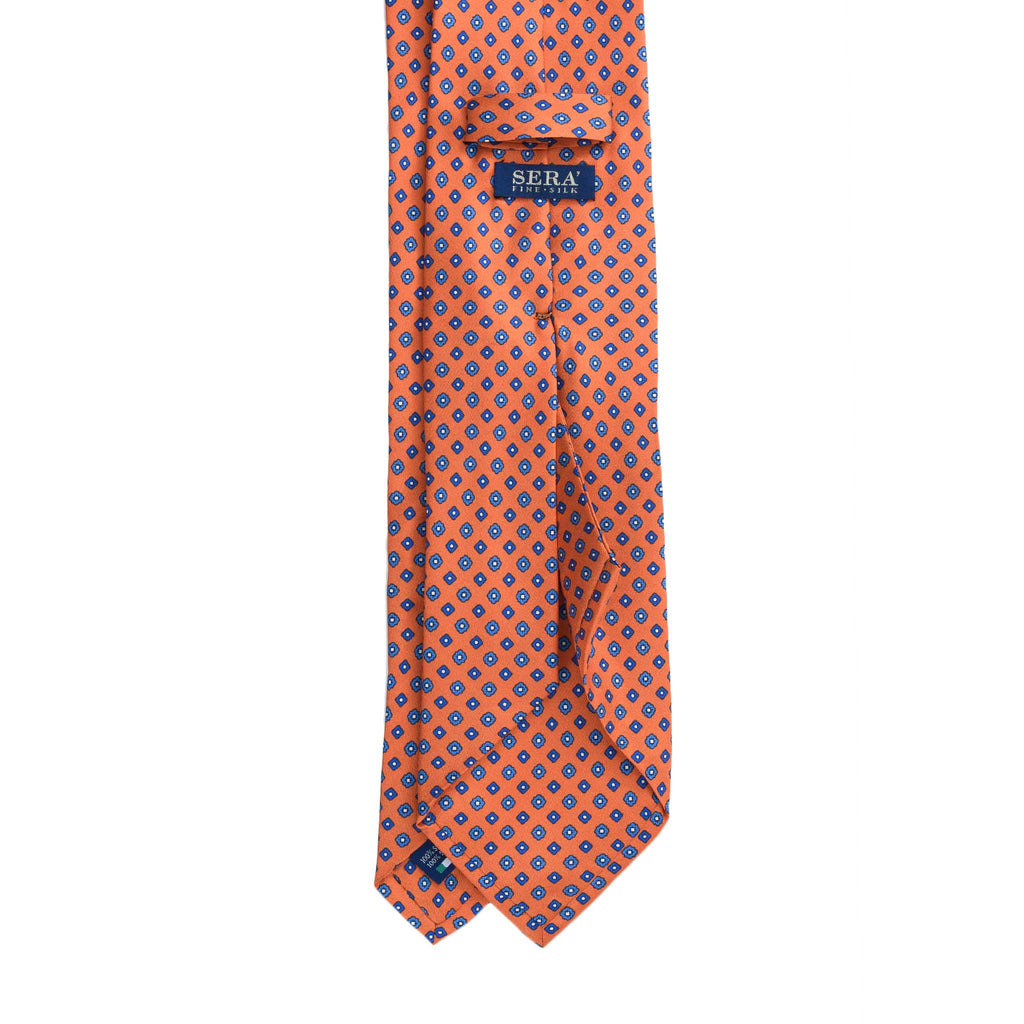 Orange Silk Tie with Blue Geometric Small Pattern | Serà Fine Silk