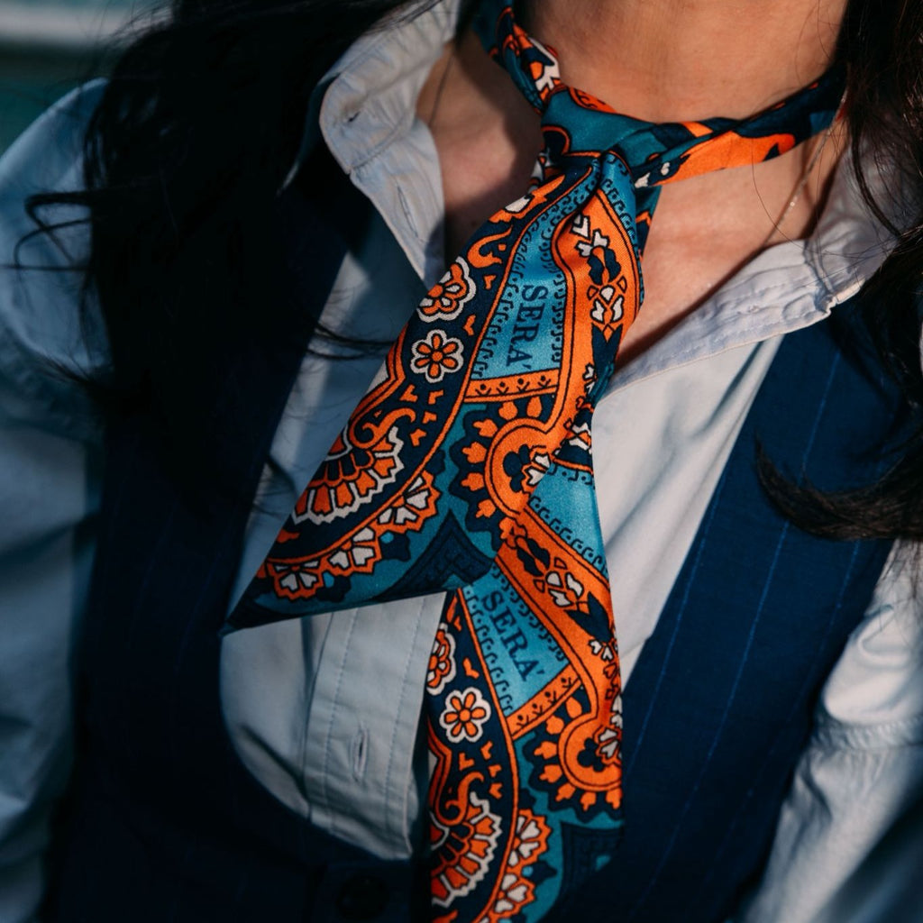 Beatrice Orange and Light Blue Silk Twilly Scarf Serà Fine Silk 