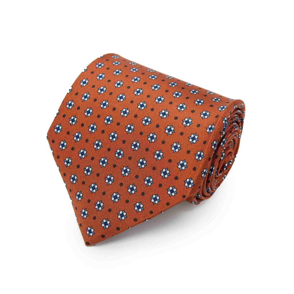 Orange with Small Square Flowers Silk Tie Serà Fine Silk