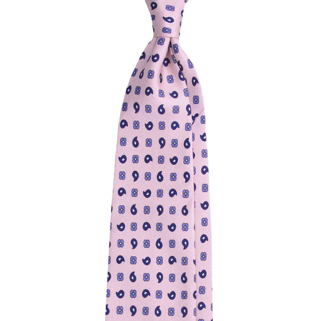 Pink Silk Tie with Blue Paisley and Floral Pattern Serà Fine Silk