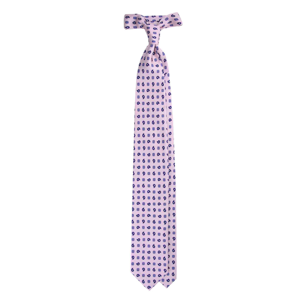 Pink Silk Tie with Blue Paisley and Floral Pattern Serà Fine Silk