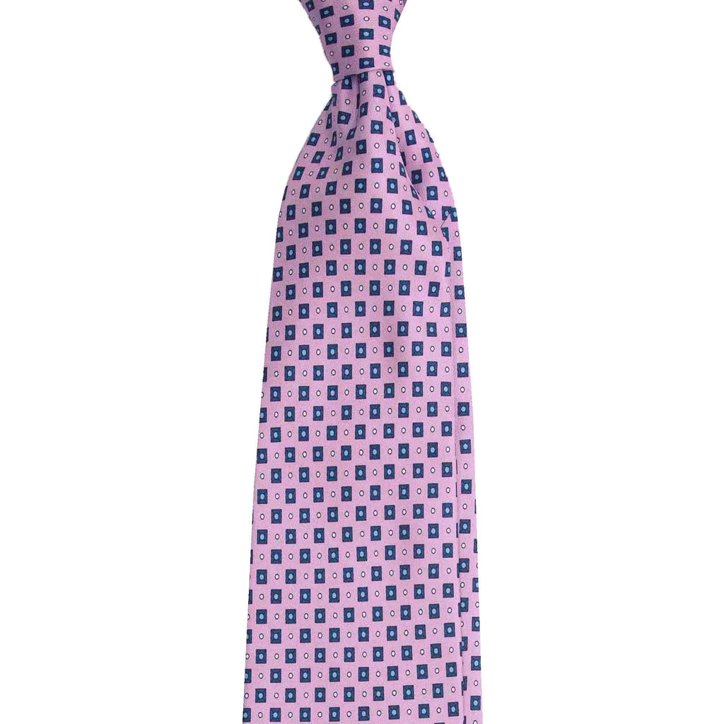 Pink Silk Tie with Blue Small Squares Serà Fine Silk