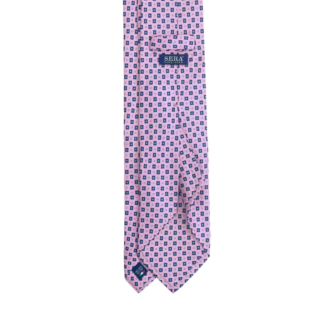 Pink Silk Tie with Blue Small Squares Serà Fine Silk