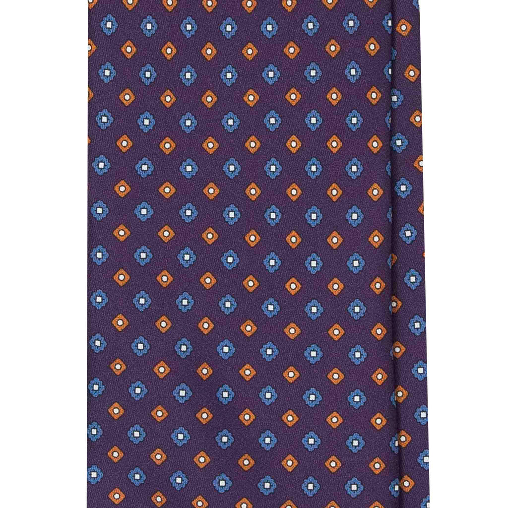 Purple Silk Tie with Orange & Blue Square Flowers Serà Fine Silk