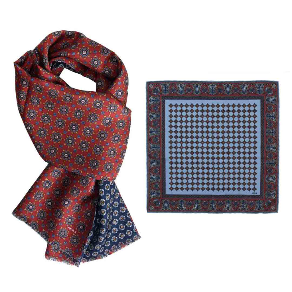 Red & Navy Medallions Scarf & Light Blue Ravenna Pocket Square Serà Fine Silk