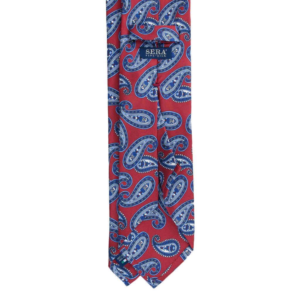 Red Silk Tie with Big Light Blue Paisley Pattern | Serà Fine Silk