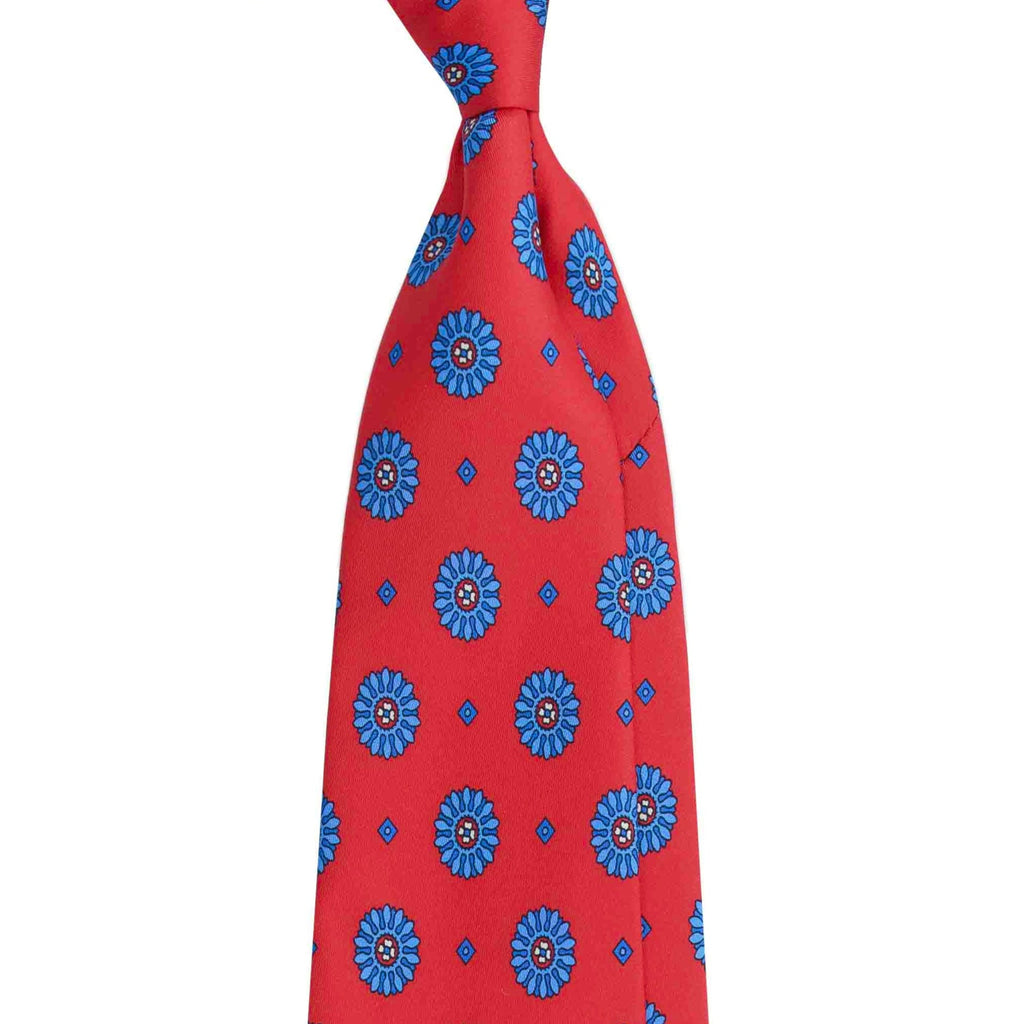 Red Silk Tie with Blue Big Medallions Serà Fine Silk