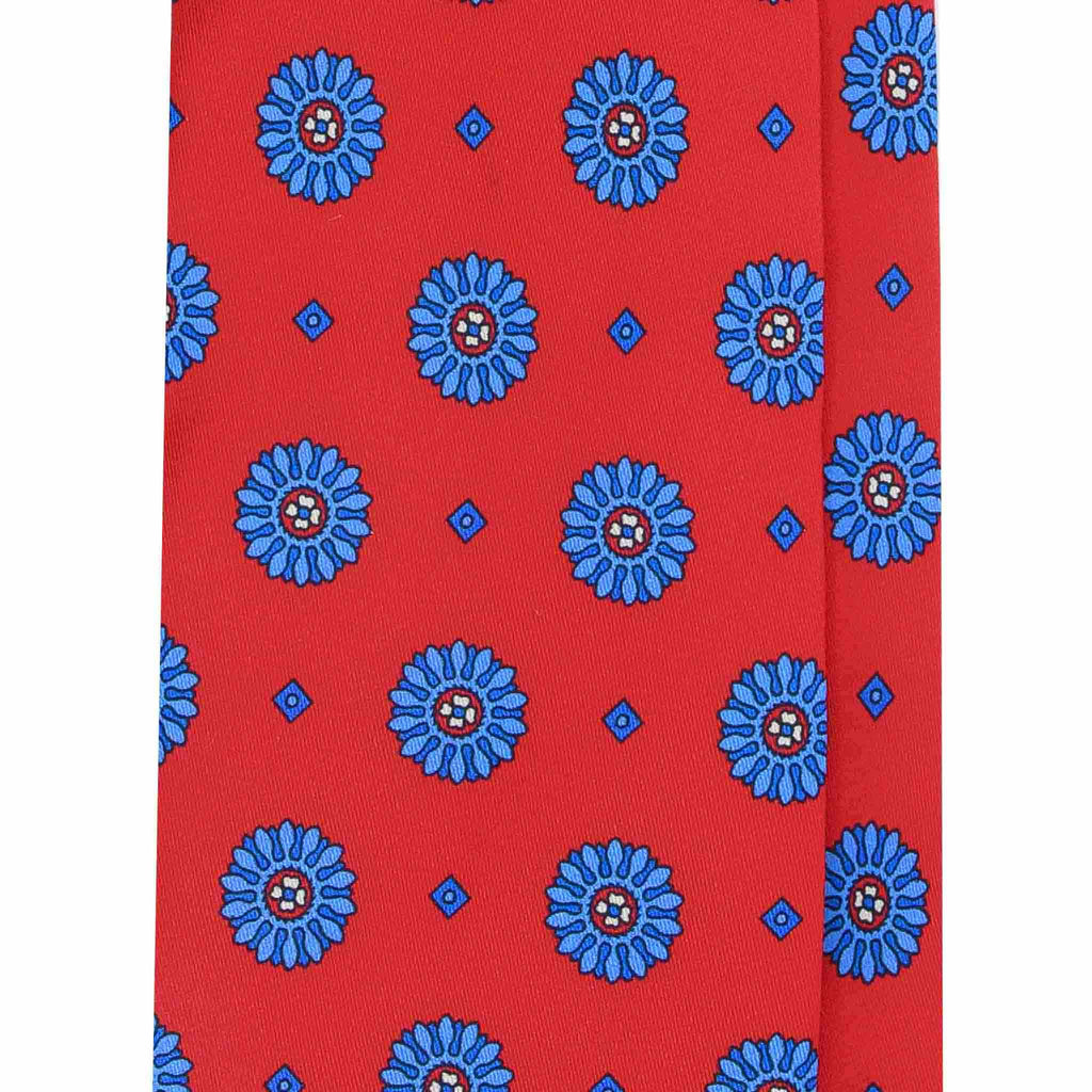 Red Silk Tie with Blue Big Medallions Serà Fine Silk