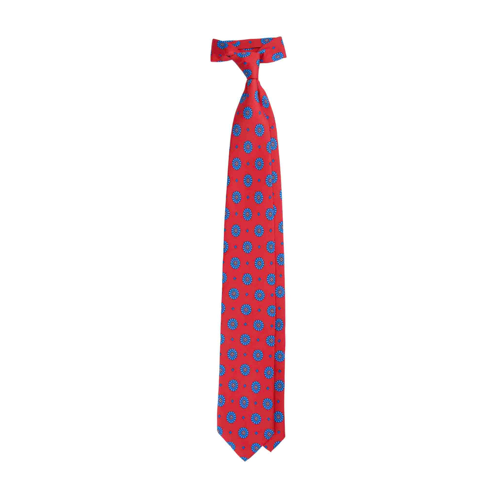 Red Silk Tie with Blue Big Medallions Serà Fine Silk