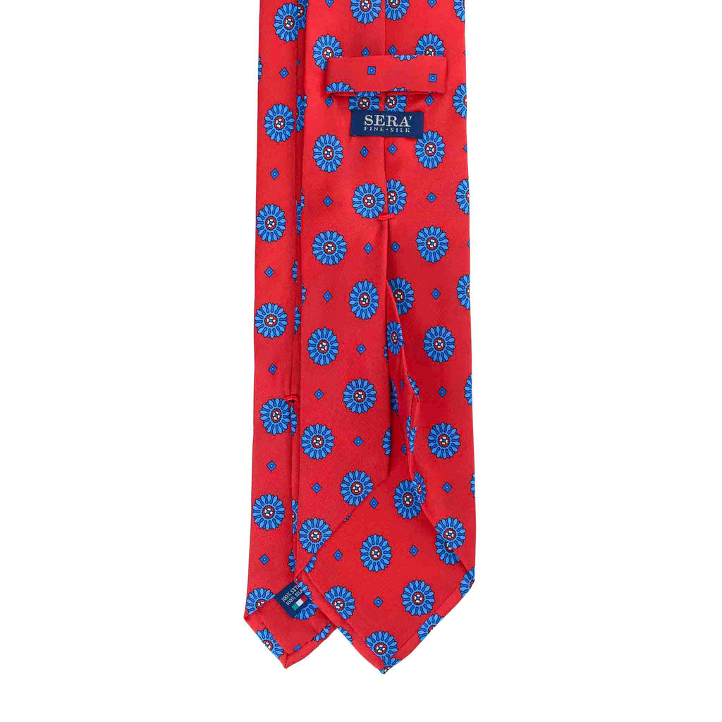 Red Silk Tie with Blue Big Medallions Serà Fine Silk