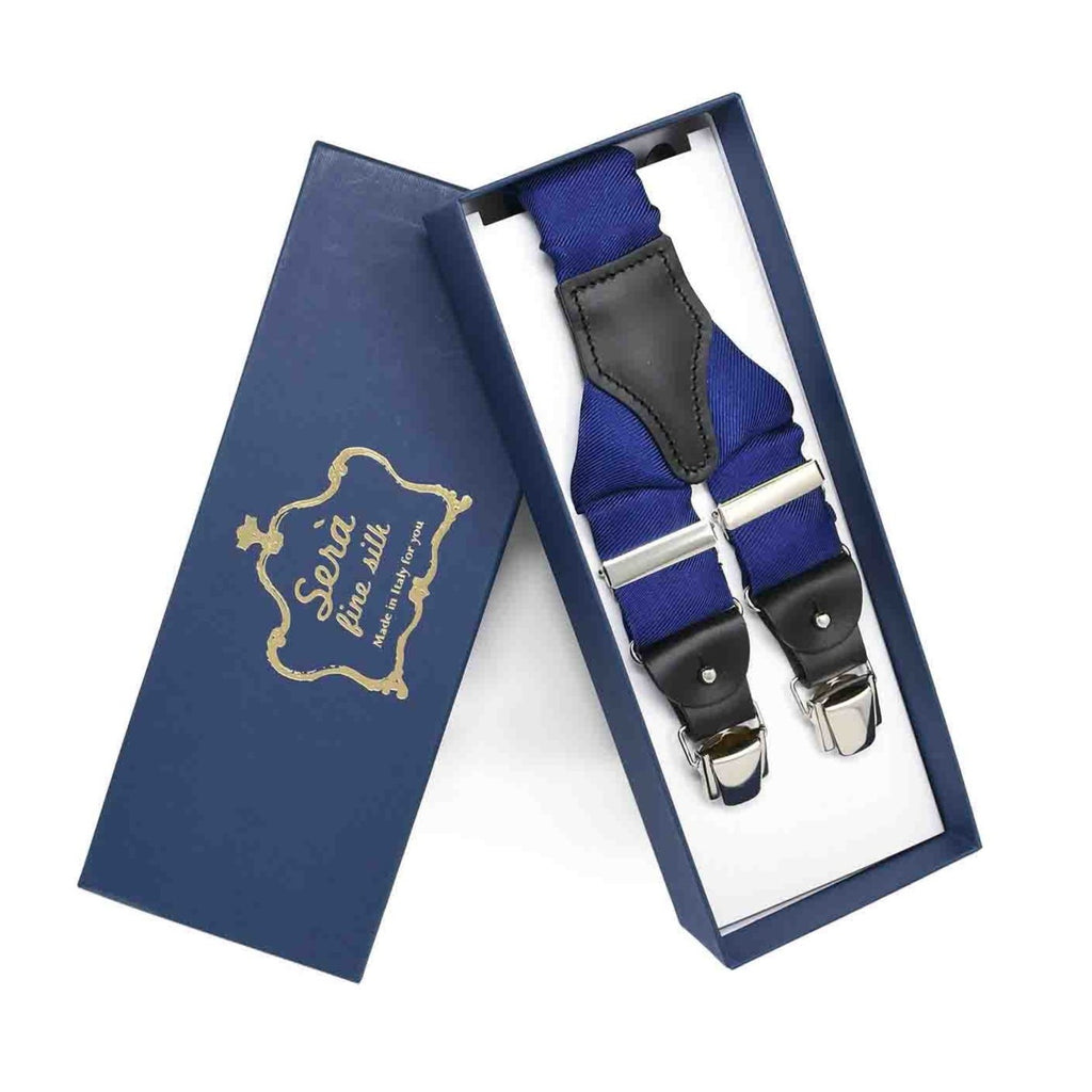 Royal Blue with Black Leather Silk Suspenders Serà Fine Silk