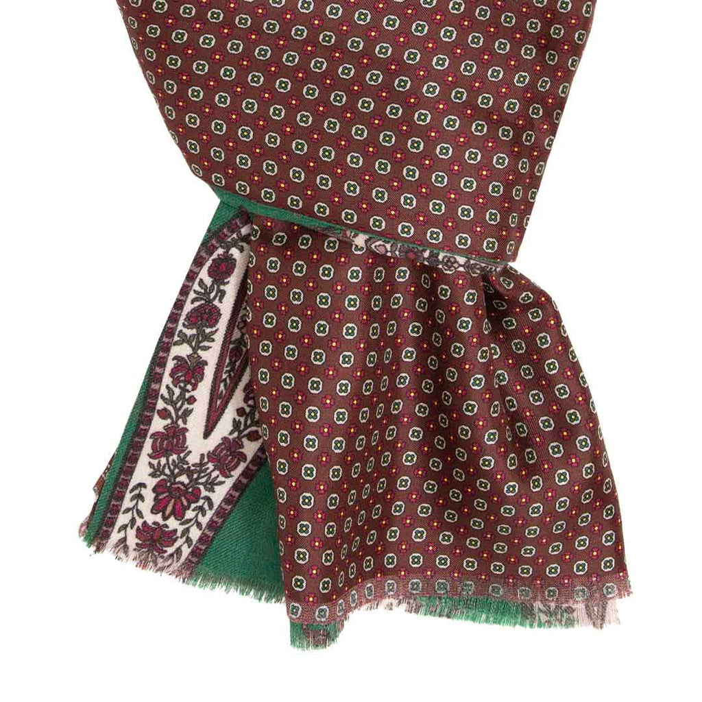 Green and Brown with Big Paisley Silk and Wool Scarf Serà Fine Silk