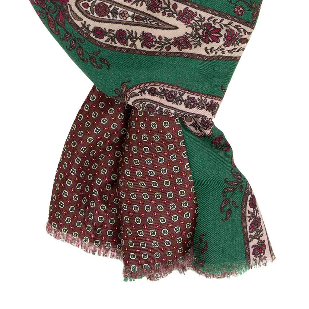 Green and Brown with Big Paisley Silk and Wool Scarf Serà Fine Silk