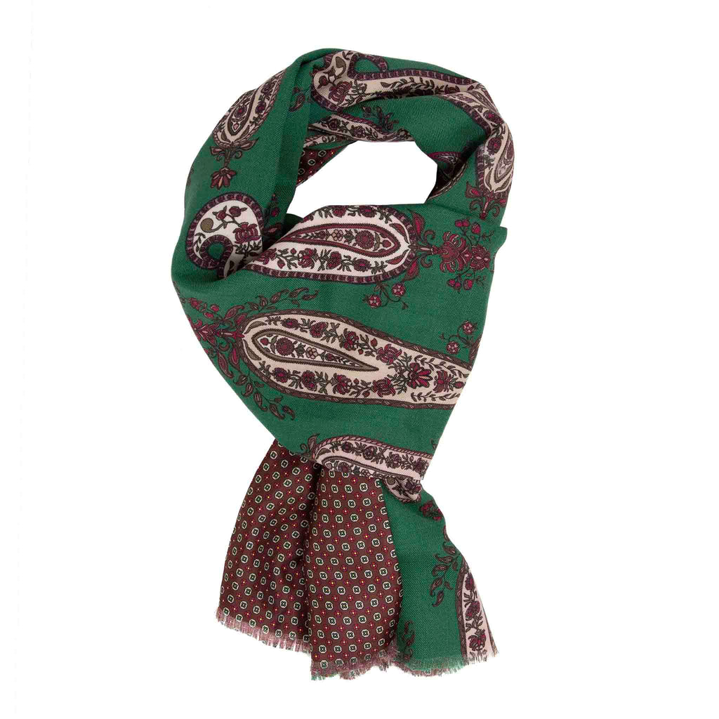 Green and Brown with Big Paisley Silk and Wool Scarf Serà Fine Silk