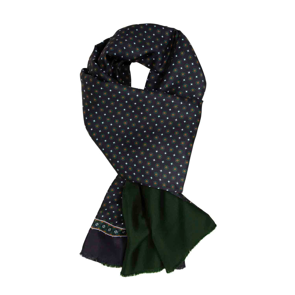 Navy Blue with Green Flowers Silk Scarf Serà Fine Silk