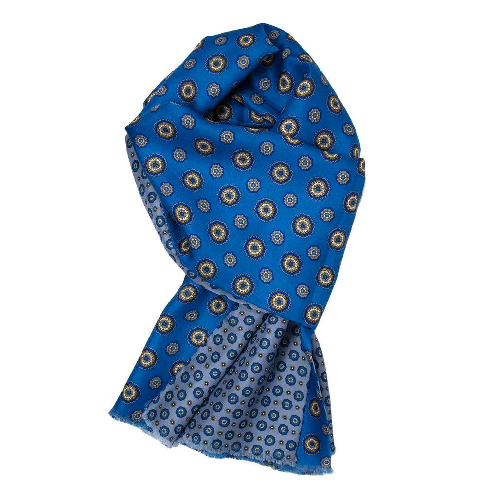 Blue & Grey Silk Scarf with Flower Medallions Serà Fine Silk